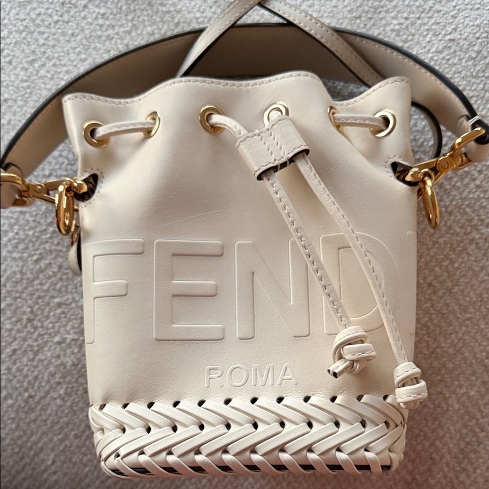 Fendi Cream Leather Mini Bucket Crossbody with Braided Trim